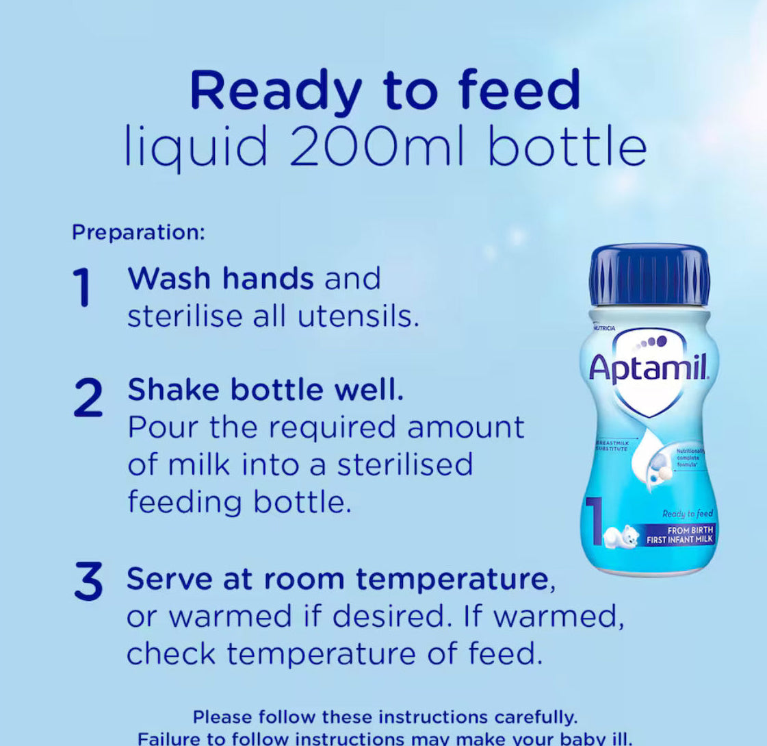 Aptamil 1 First Infant Baby Milk Formula Liquid Multipack Ready to Feed from Birth 6x200ml