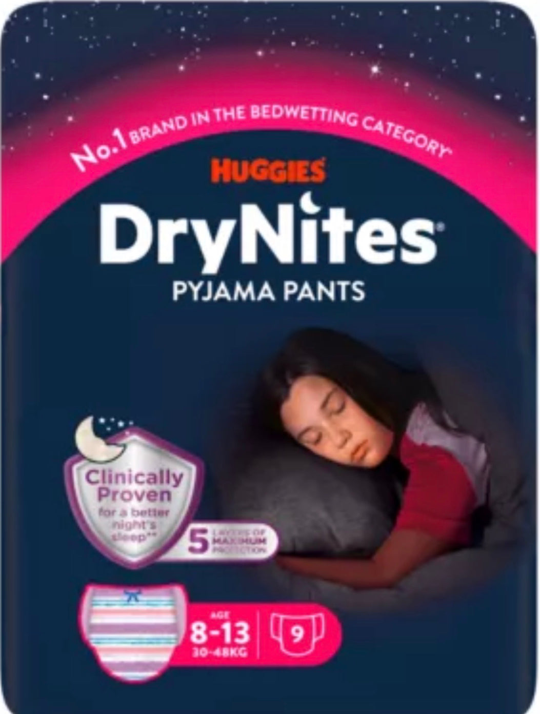 Huggies DryNites Bedwetting Pyjama Nappy Pants Girl Age 8-13 - 9 Pants