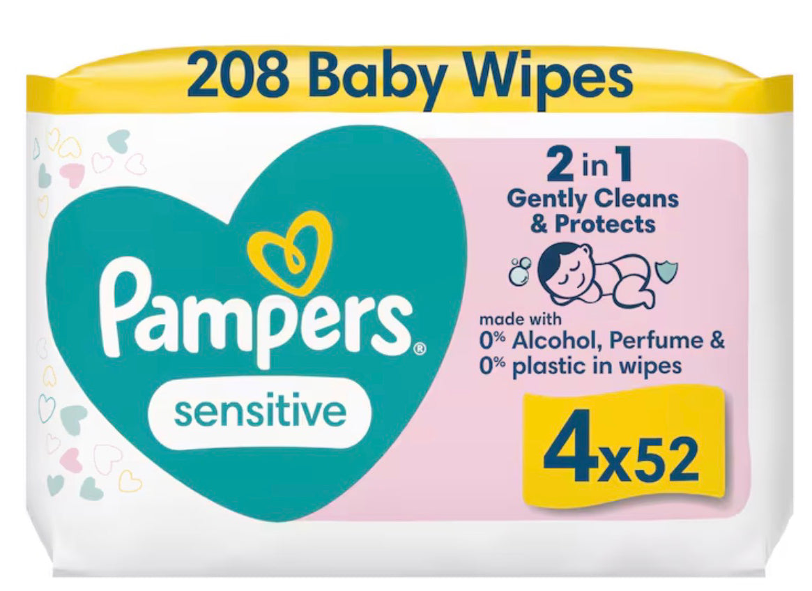 Pampers Sensitive Baby Wipes 0% Plastic 4 x 52 Wipes