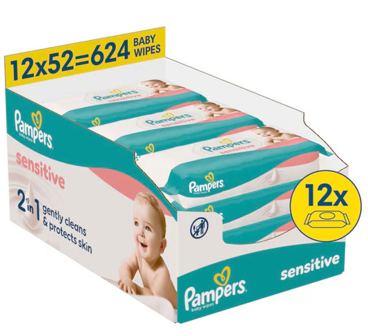 Pampers Sensitive Baby Wipes 0% Plastic 12X52 Wipes