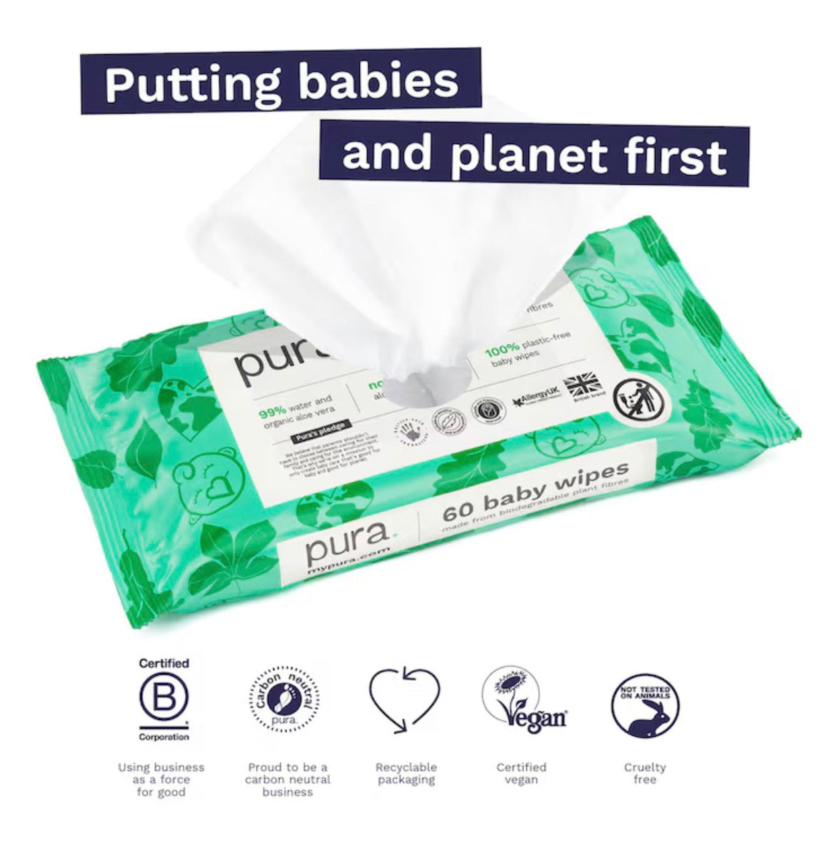 Pura Plastic Free Baby Wipes 60pk