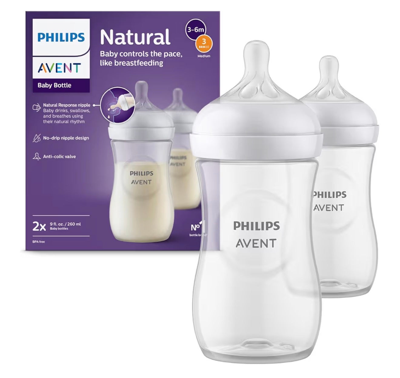 Philips Avent Natural Response Baby Bottle - 3-6m 2 x 260ml