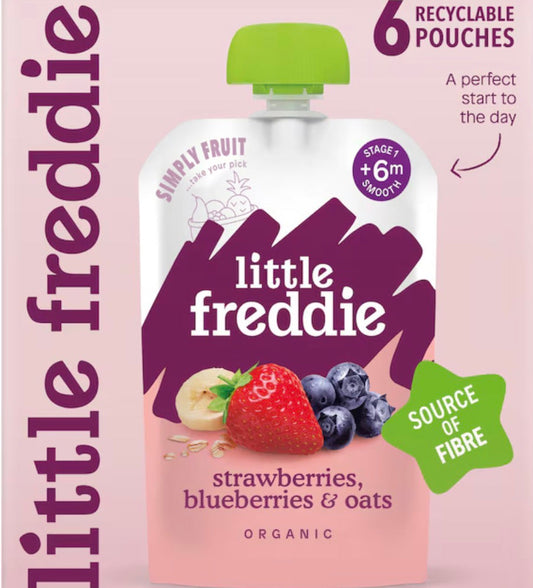 Little Freddie Organic Strawberries, Blueberries & Oats Baby Food Pouch Multipack 6+ Months 6 x 100g